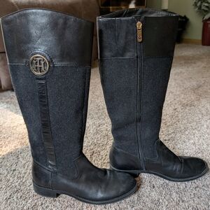Tommy Hilfiger Black Leather And Faux Wool Riding Boots